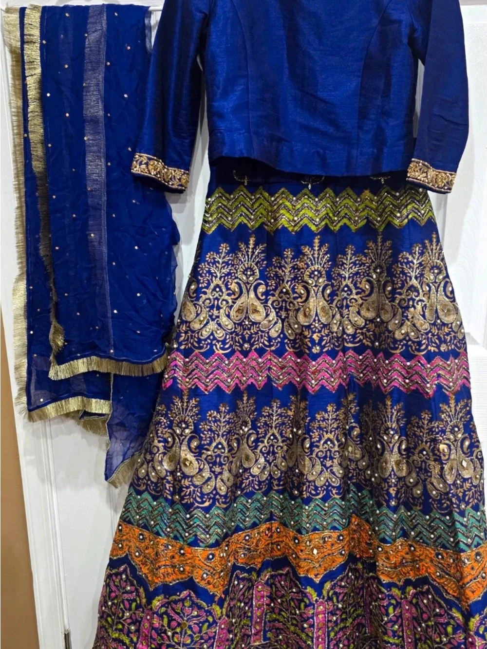 Famous designer Fazia Ahmed Royal Blue Raw Silk 3pc LehngaCholi Set Wedding S